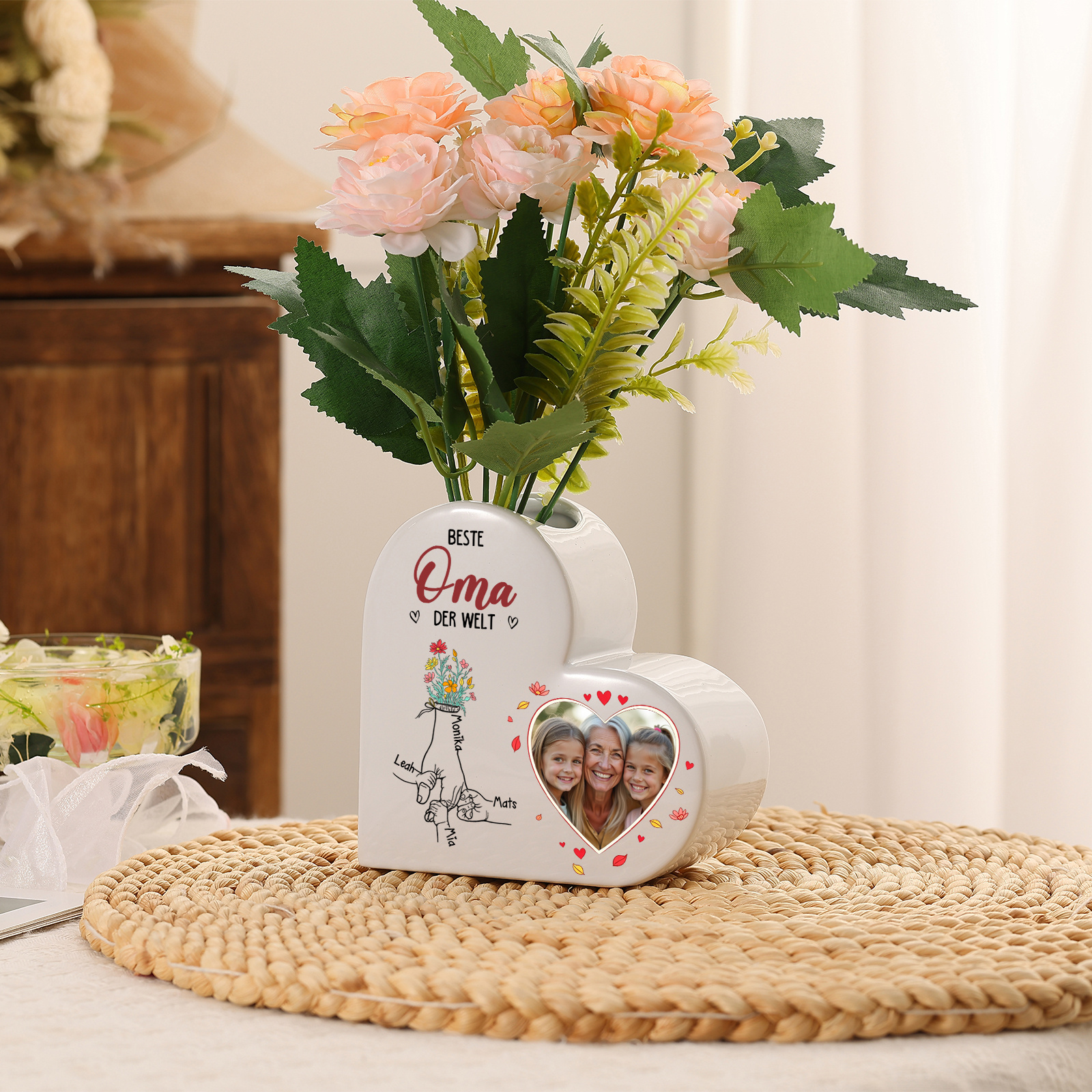 Personalisierte Keramikvase in Herzform mit 1 bis 6 Namen und Foto Geschenk für Mama oder Oma