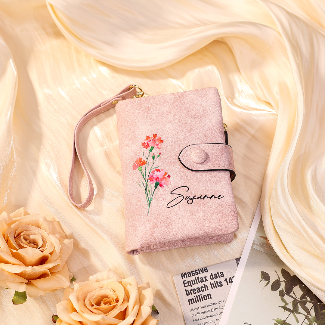 Damen Personalisierter Name & Geburtsblume PU Leder Geldbörse