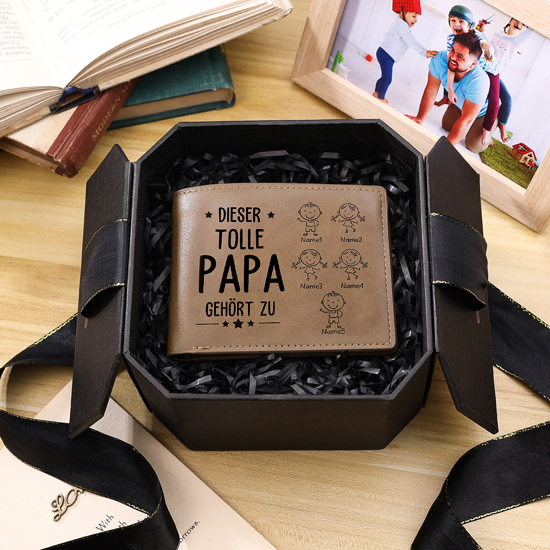 Personalisierte 5 Namen & Foto-Dieser tolle Papa gehört  PU Leder Kurze Geldbörse für Vater