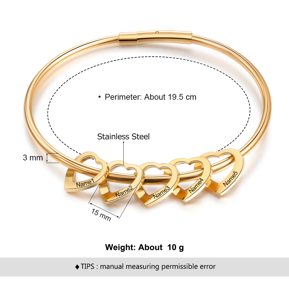 Gravur 5 Namen Herz Armband Armreif mit Herzanhängern