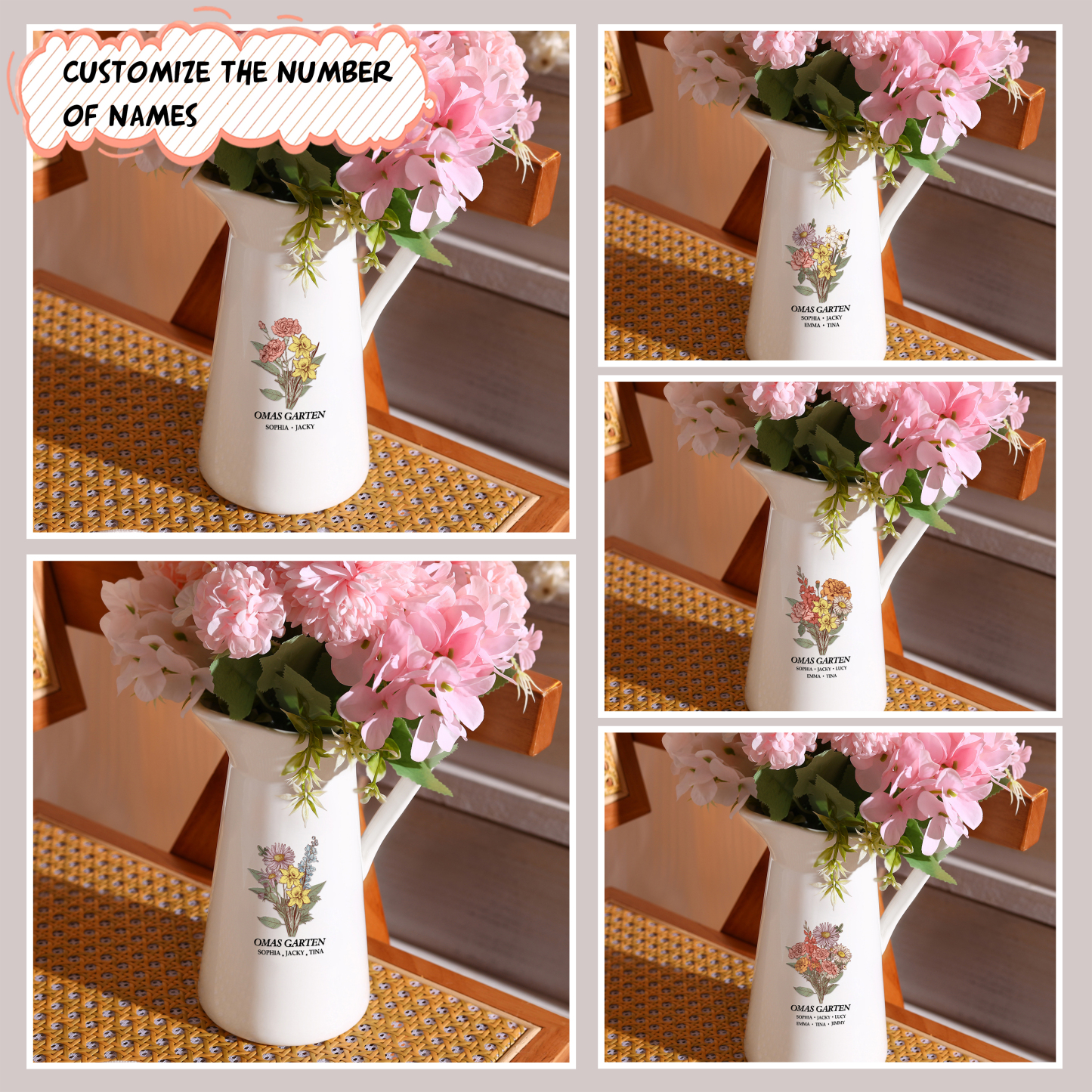 Personalisierte 4 Namen & Geburtsblumen & Text Gießvase mit Henkel Familie Vase