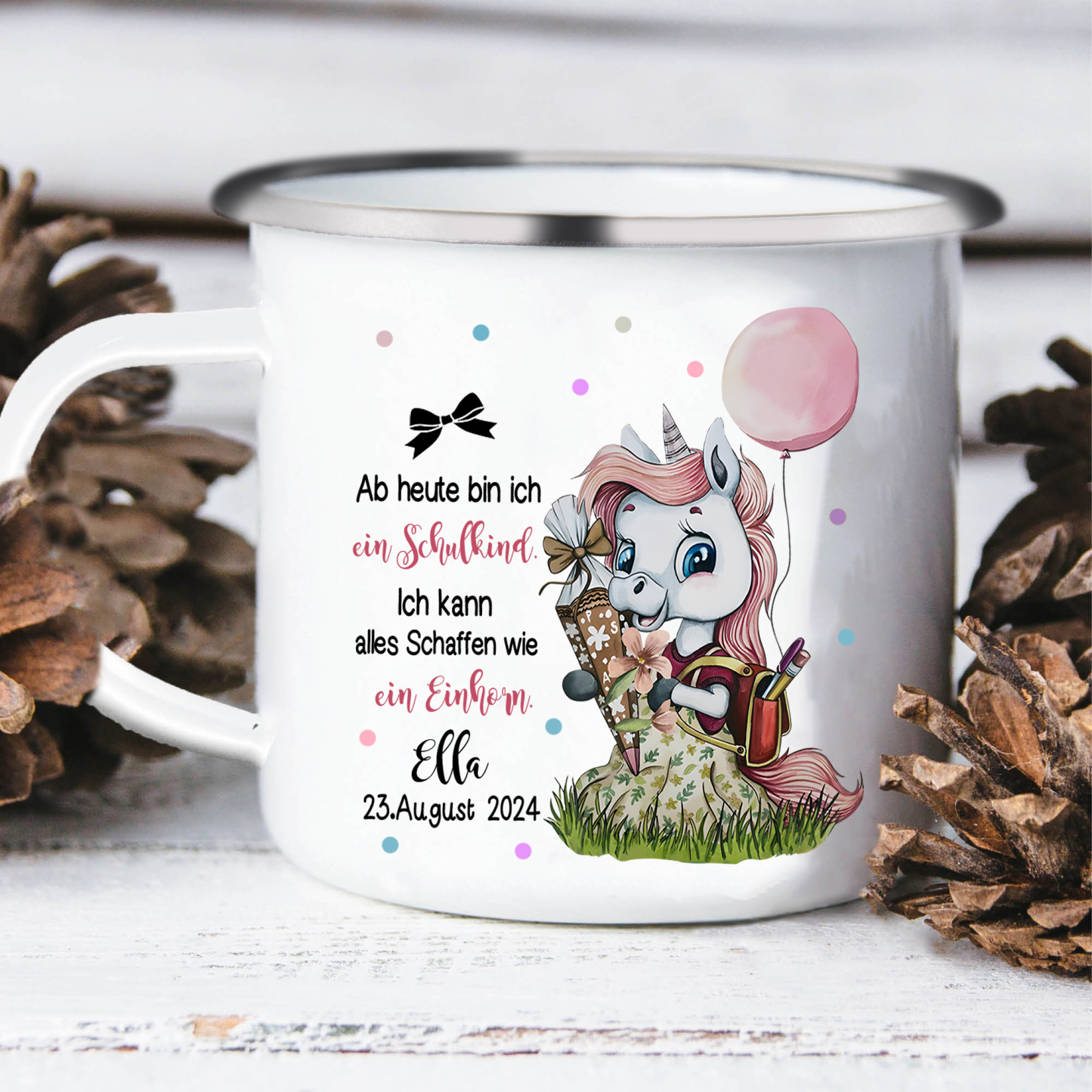 Schulanfang Geschenkset-Personalisierter Name & Datum Einhorn Emaille Tasse & Personalisierter Name Stifteetui & 3 Gummiband Armbänder Set - Geschenk für Schulkind mit Geschenk Box
