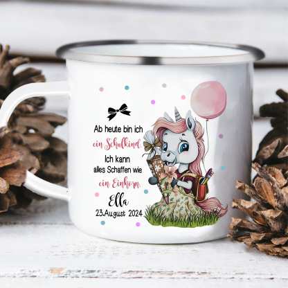 Schulanfang Geschenkset-Personalisierter Name & Datum Einhorn Emaille Tasse & Personalisierter Name Stifteetui & 3 Gummiband Armbänder Set - Geschenk für Schulkind mit Geschenk Box