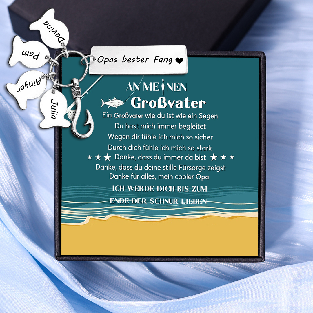 Personalisierte 4 Namen-Opas bester Fang-Schlüsselanhänger-An meinen Großvater-Geschenk mit Nachrichtenkarte