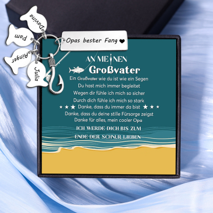 Personalisierte 4 Namen-Opas bester Fang-Schlüsselanhänger-An meinen Großvater-Geschenk mit Nachrichtenkarte