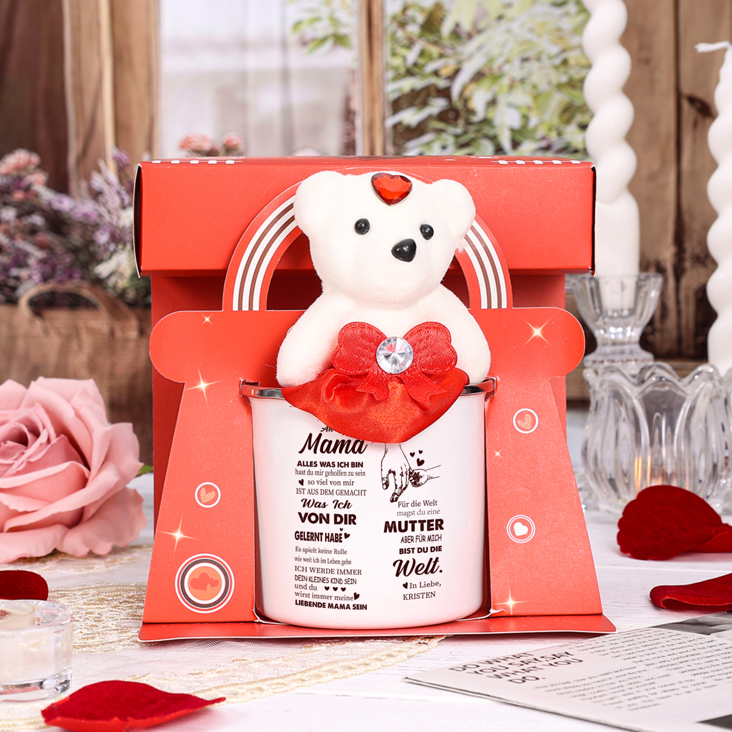Emaille Tasse Geschenkpackung mit Bären Spielzeug Personalisierbarer Text Emaille Becher-An meine Mama-Geschenk für Mutter