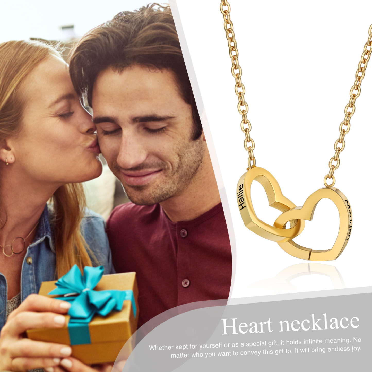 Personalisierte 2 Namen Herz zu Herz Halskette aus Titanstahl