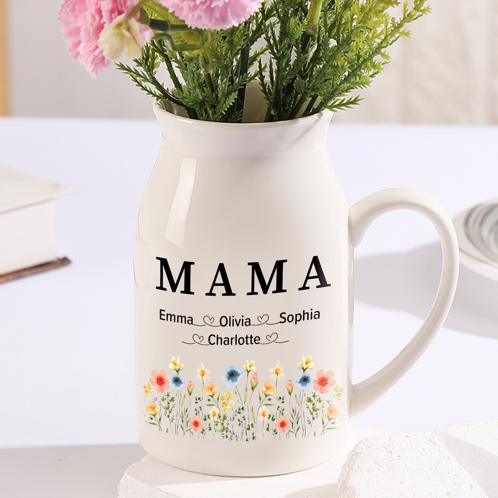 Personalisierte 4 Namen & Text Bunte Blumen Familie Vase