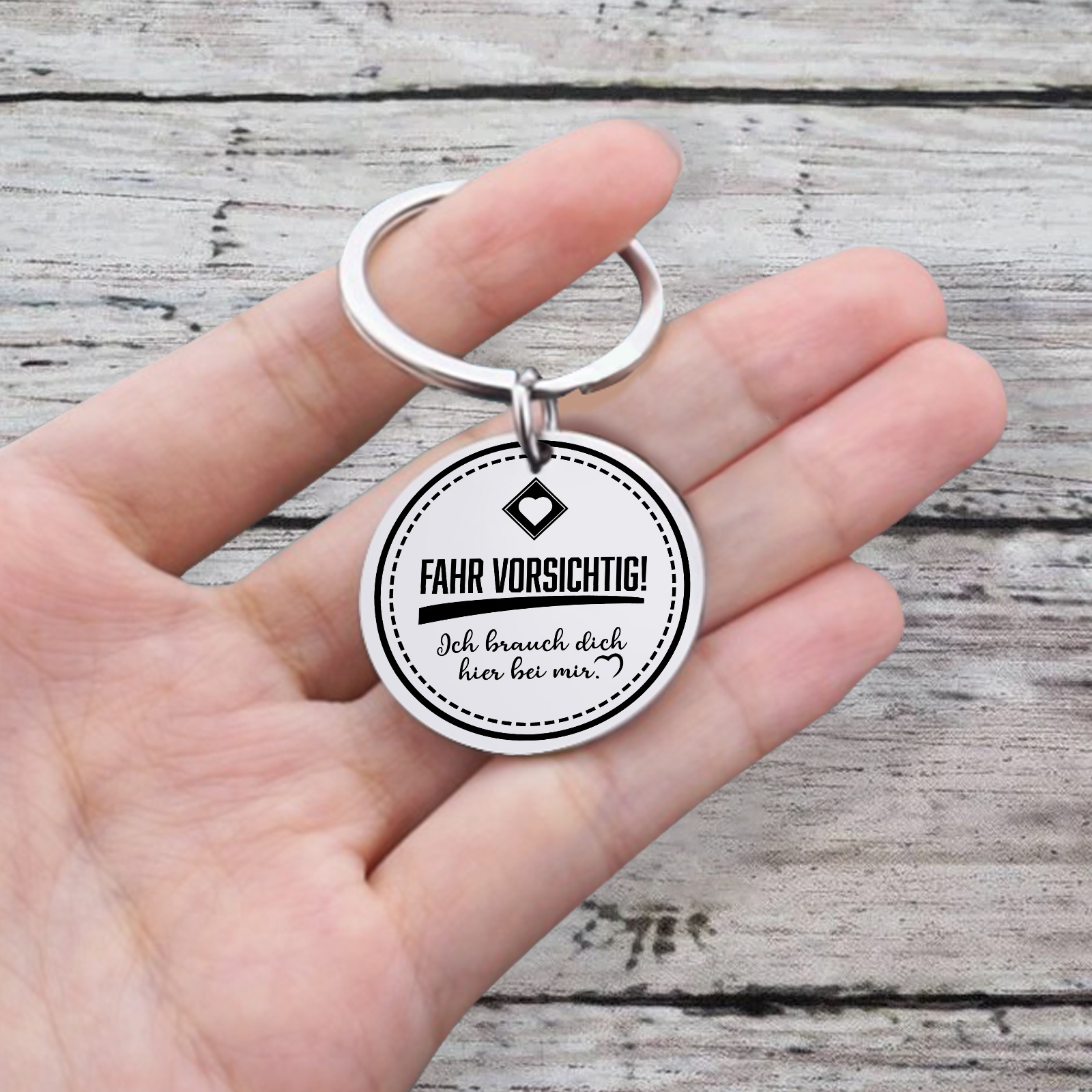 Personalisierbares Foto Rund Metall-Fahr vorsichtig. Ich brauche dich hier bei mir-Schlüsselanhänger für Paare