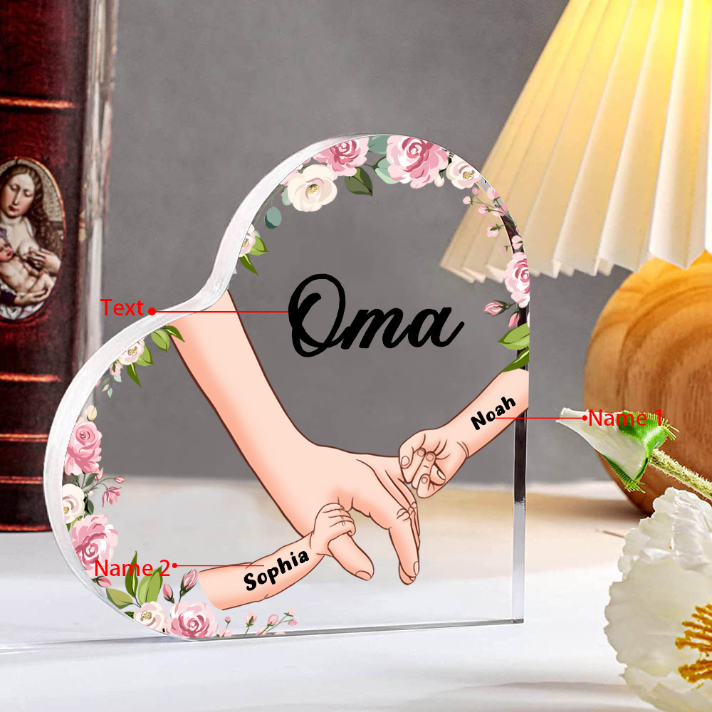 Personalisierte 2 Namen & Text Hand in Hand Acryl-Deko-Schreibtischdekoration für Großmutter