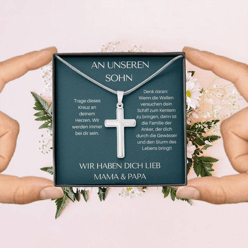925 Sterling Silber An Unseren Sohn von Mama & Papa  Kommunion Kreuz Halskette - Geschenk mit Nachrichtenkarte
