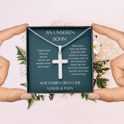 925 Sterling Silber An Unseren Sohn von Mama & Papa  Kommunion Kreuz Halskette - Geschenk mit Nachrichtenkarte