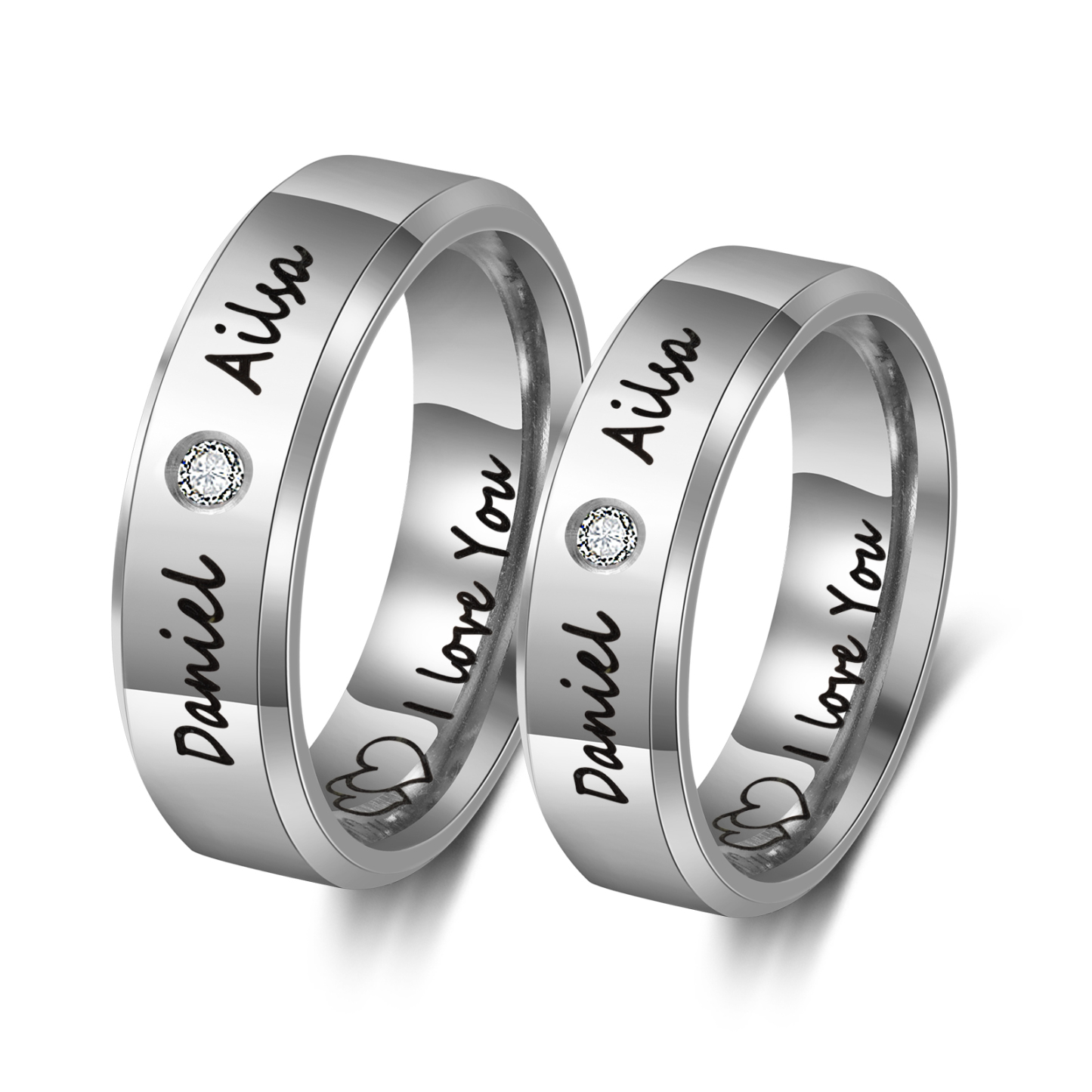 Personalisierter 2 Namen & Text Partnerring Ring mit Zirkonia für Paare