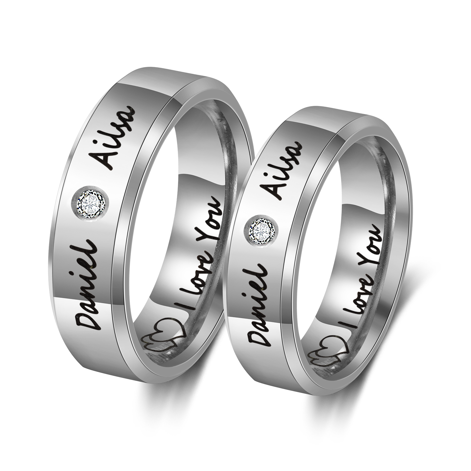 Personalisierter 2 Namen & Text Partnerring Ring mit Zirkonia für Paare