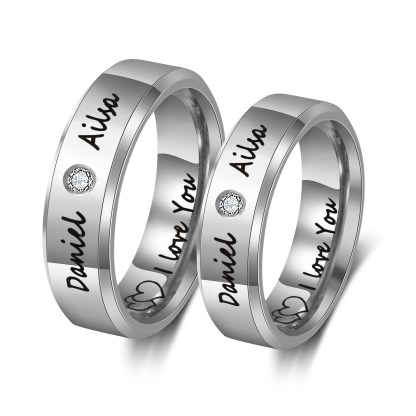 Personalisierter 2 Namen & Text Partnerring Ring mit Zirkonia für Paare