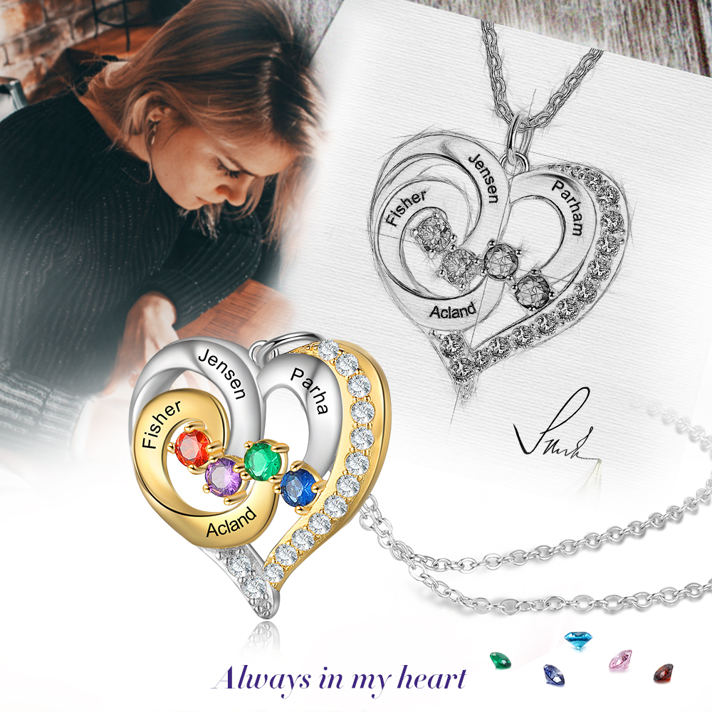 S925 Silber Gravur 4 Namen Herz Halskette mit 4 Geburtssteinen