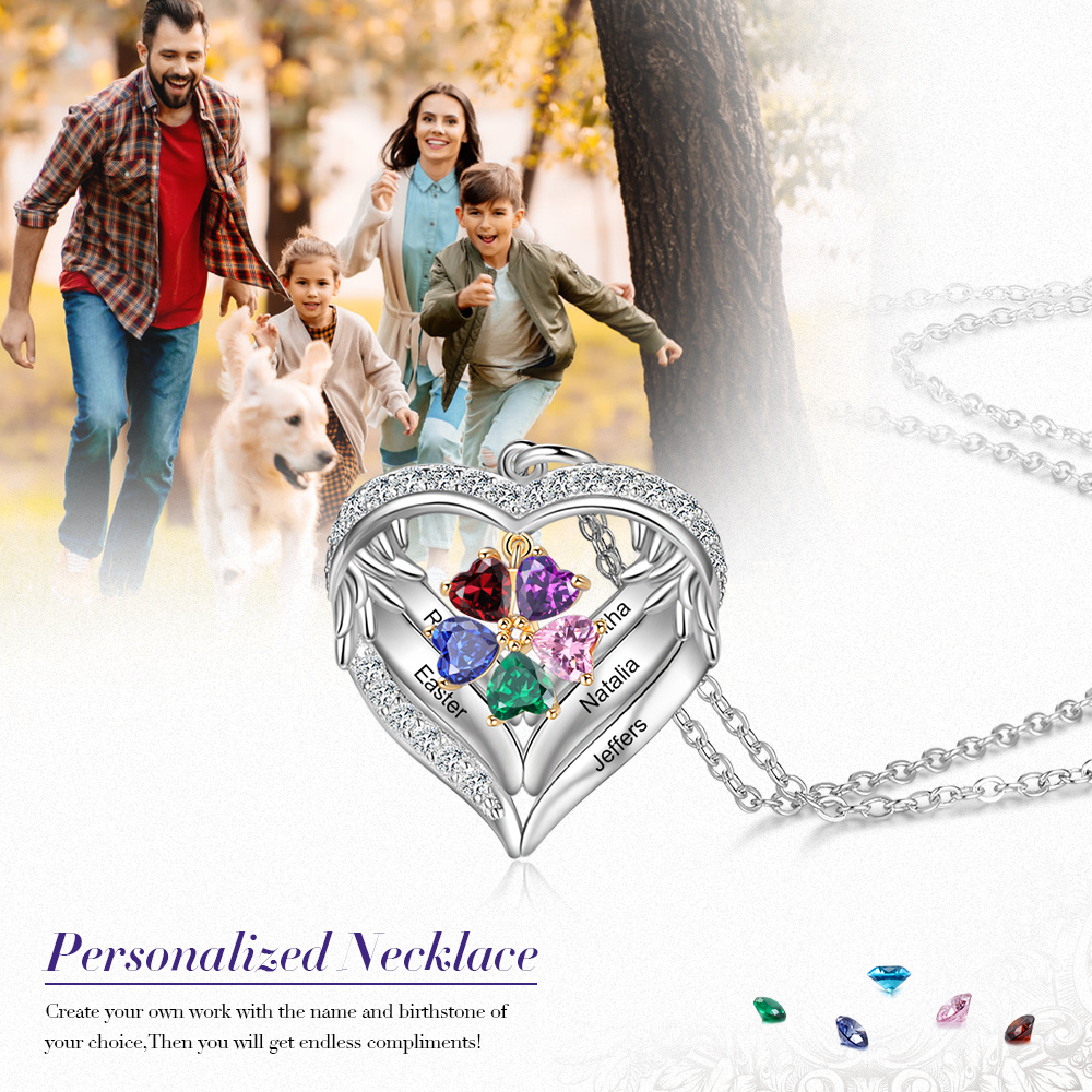 S925 Silber Gravur 5 Namen Herz Engel Flügel Halskette mit 5 Geburtssteinen