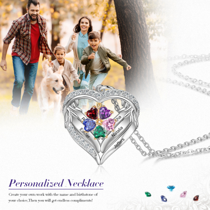 S925 Silber Gravur 5 Namen Herz Engel Flügel Halskette mit 5 Geburtssteinen