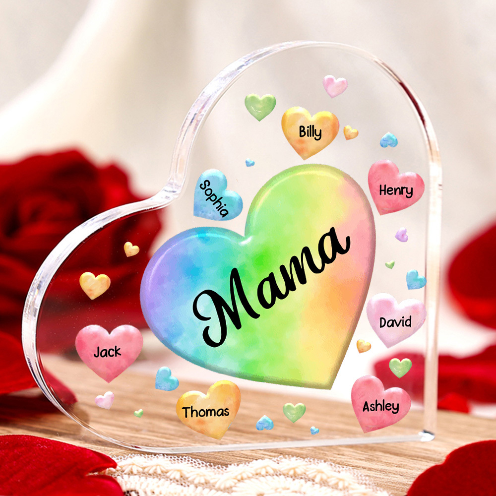 Personalisierte 7 Namen & Text Familie Herz Acryl-Deko Schreibtischdekoration für Mutter