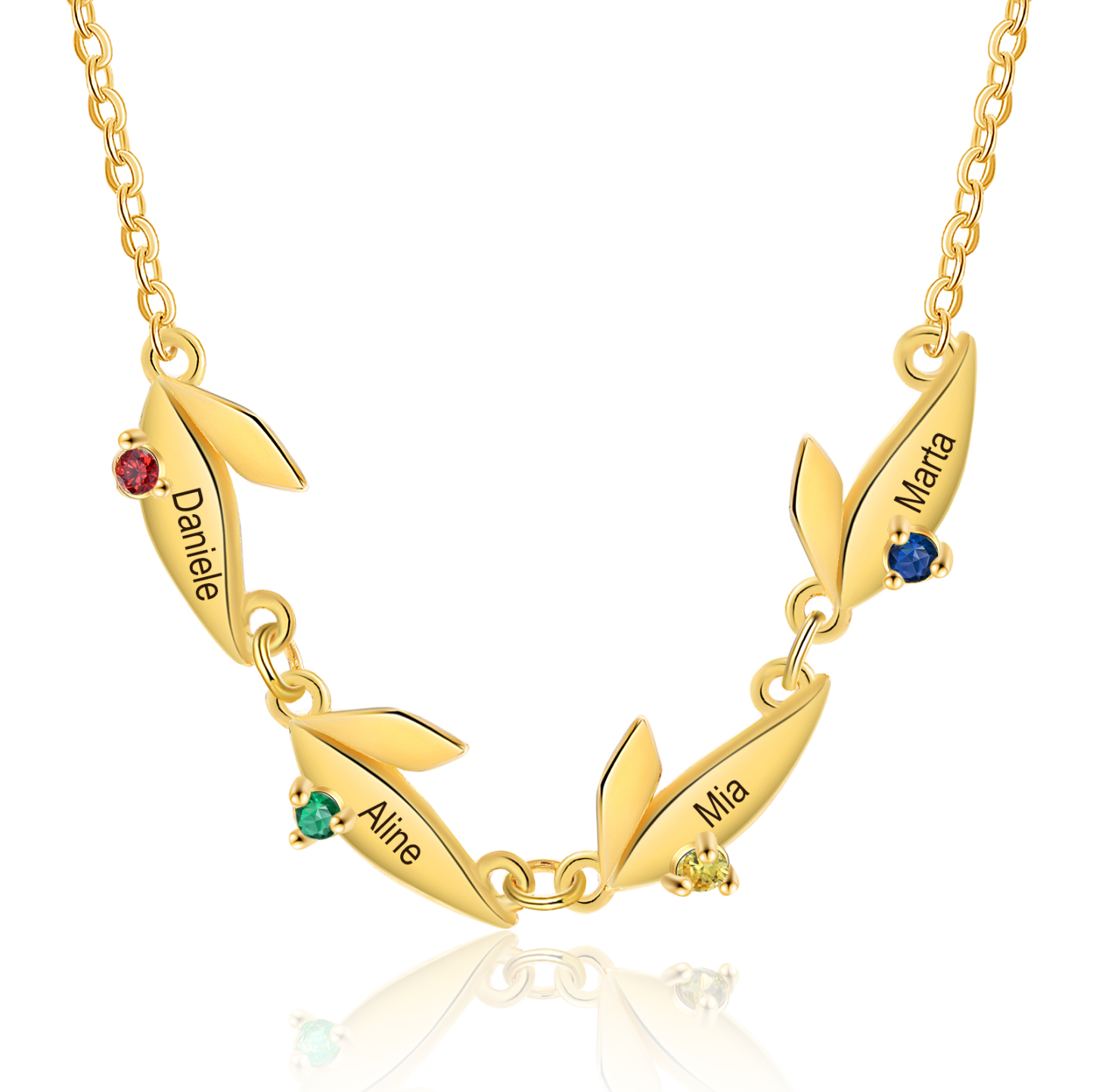 Personalisierte 4 Namen & 4 Geburtssteine Blatt Golden Halskette