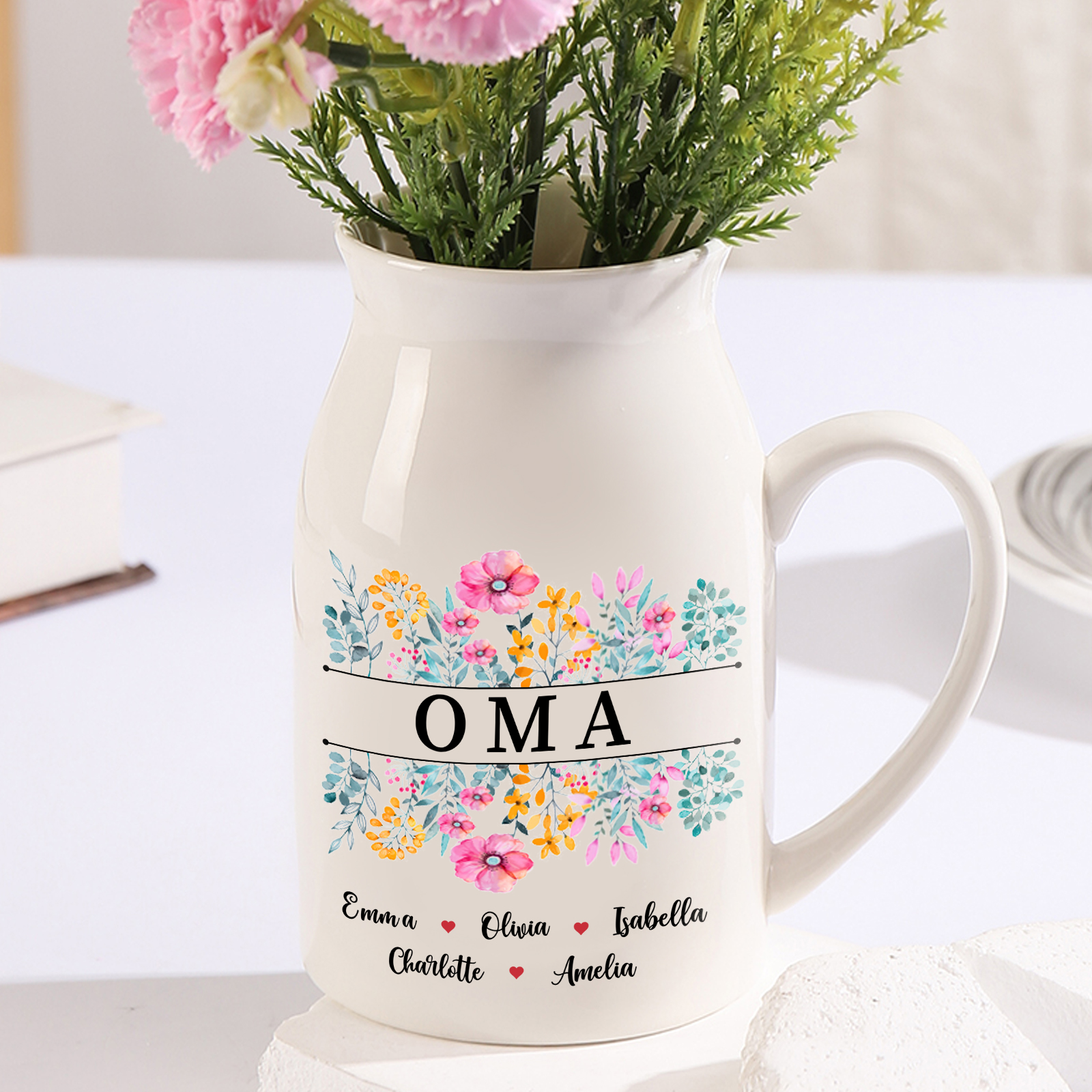 Personalisierte 5 Namen & Text Bunte Blumen Familie Vase