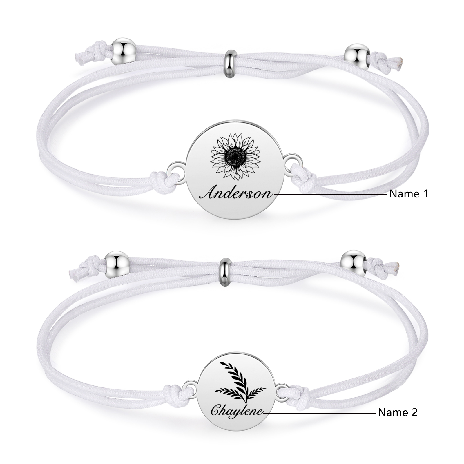Personalisierte 2 Namen Sonneblume Armbänder Set mit 2 Ketten Gummiband - Schulanfang Geschenk