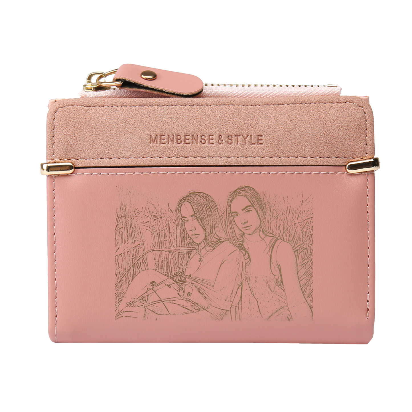 Damen Personalisierter Text & Foto PU Leder Rosa Geldbörse Elegant Portemonnaie mit Reißverschluss
