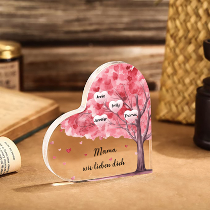 Personalisierte 4 Namen & Text Rosa Familienbaum Familie Acryl-Deko Schreibtischdekoration für Mutter
