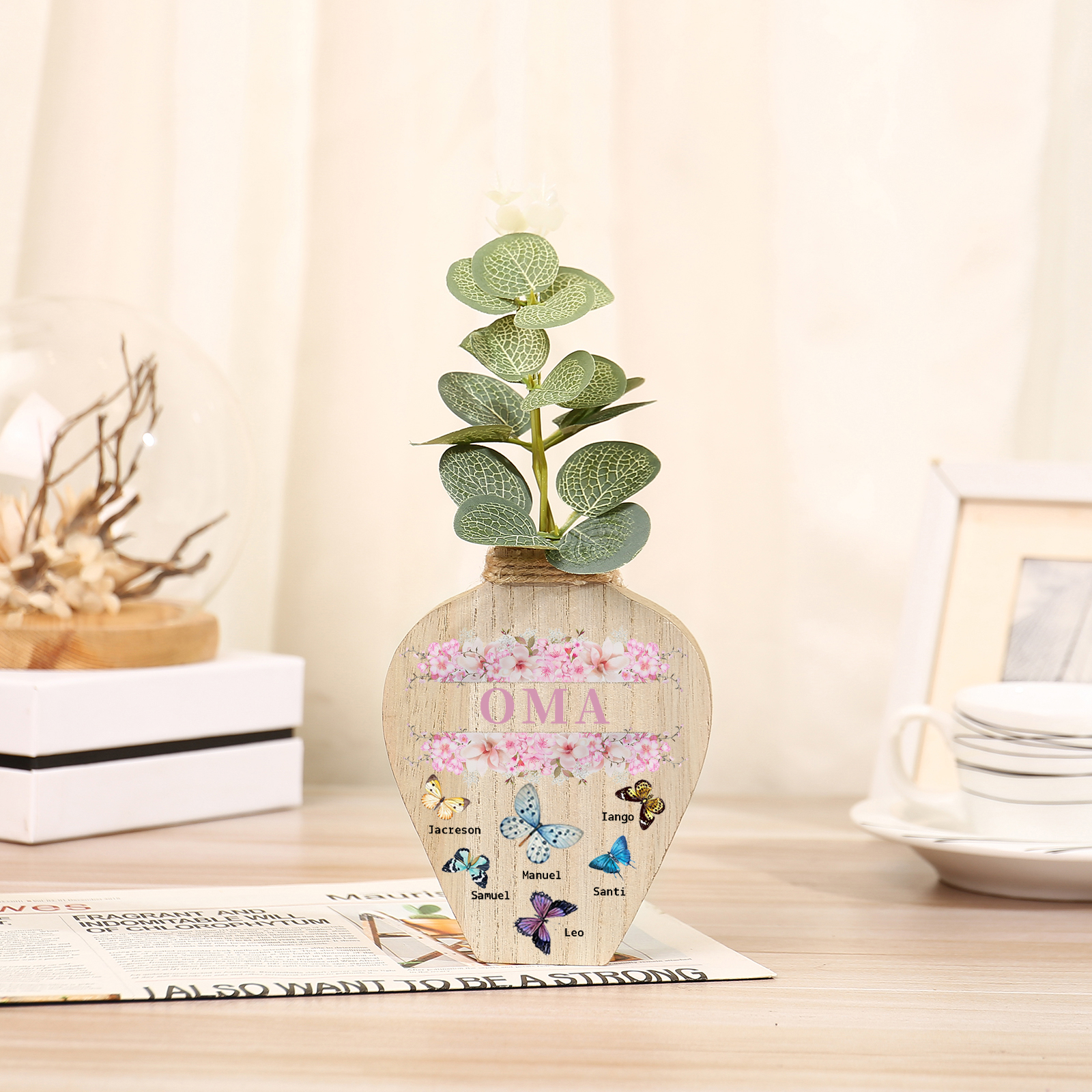 Holz Personalisierter 6 Namen & Text Schmetterlinge Vase