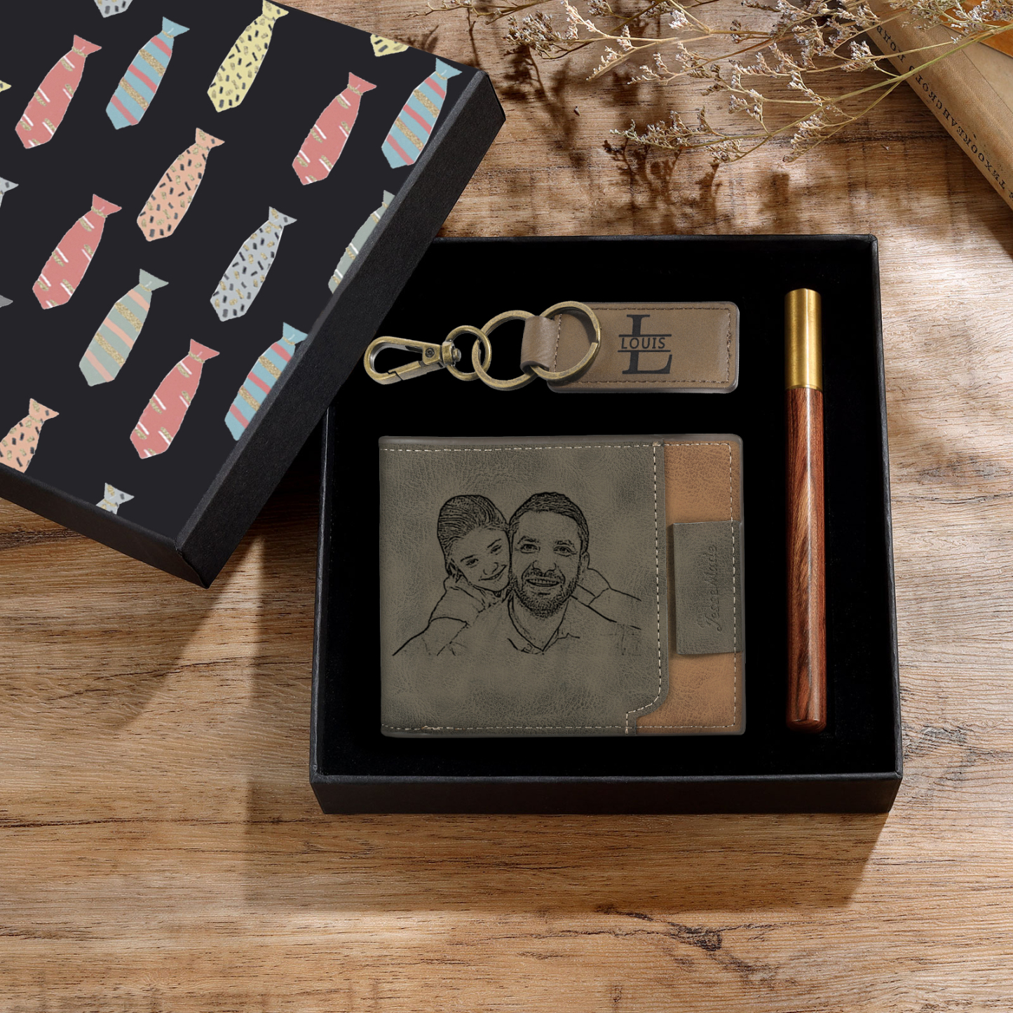 Personalisierte 2 Namen & 1 Foto & 2 Buchstaben Geldbörse & Schlüsselanhänger & Stift Geschenkpackung Geschenkset
