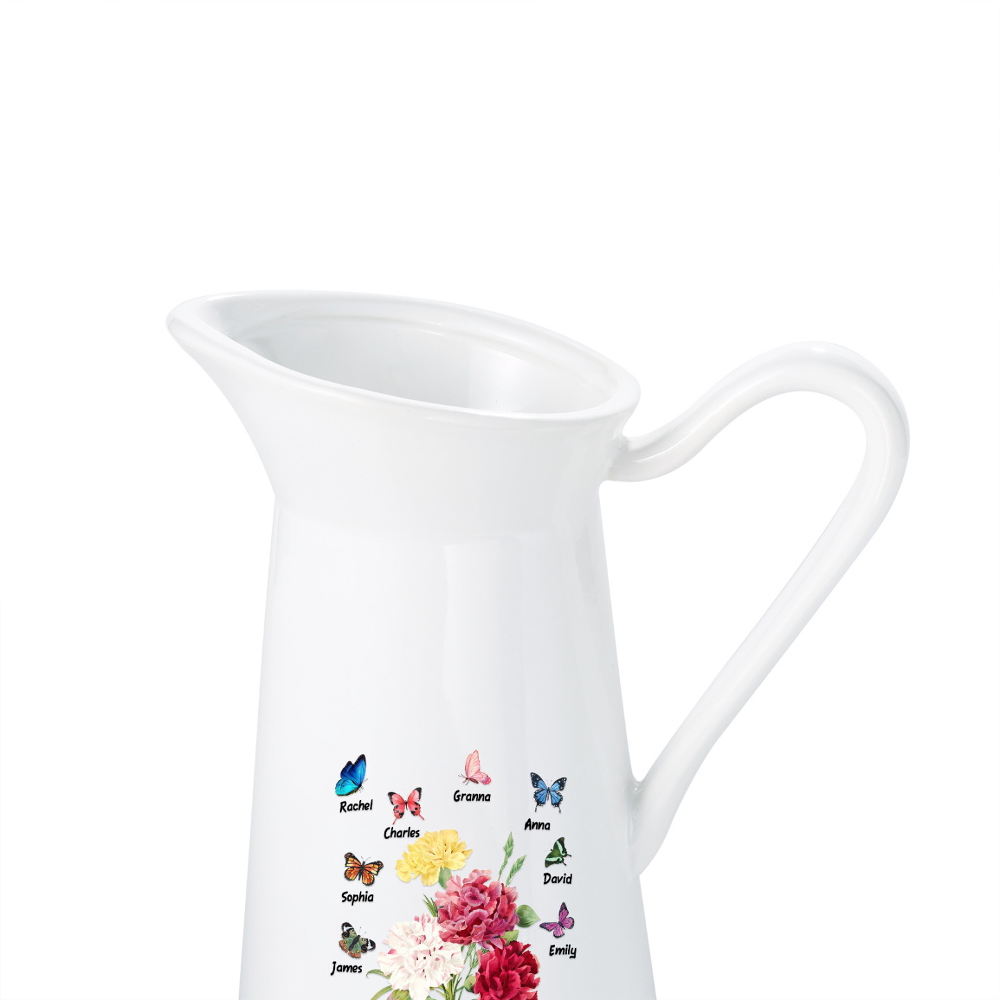 Personalisierte 8 Namen & Text Blumen & Schmetterling Gießvase mit Henkel Familie Vase