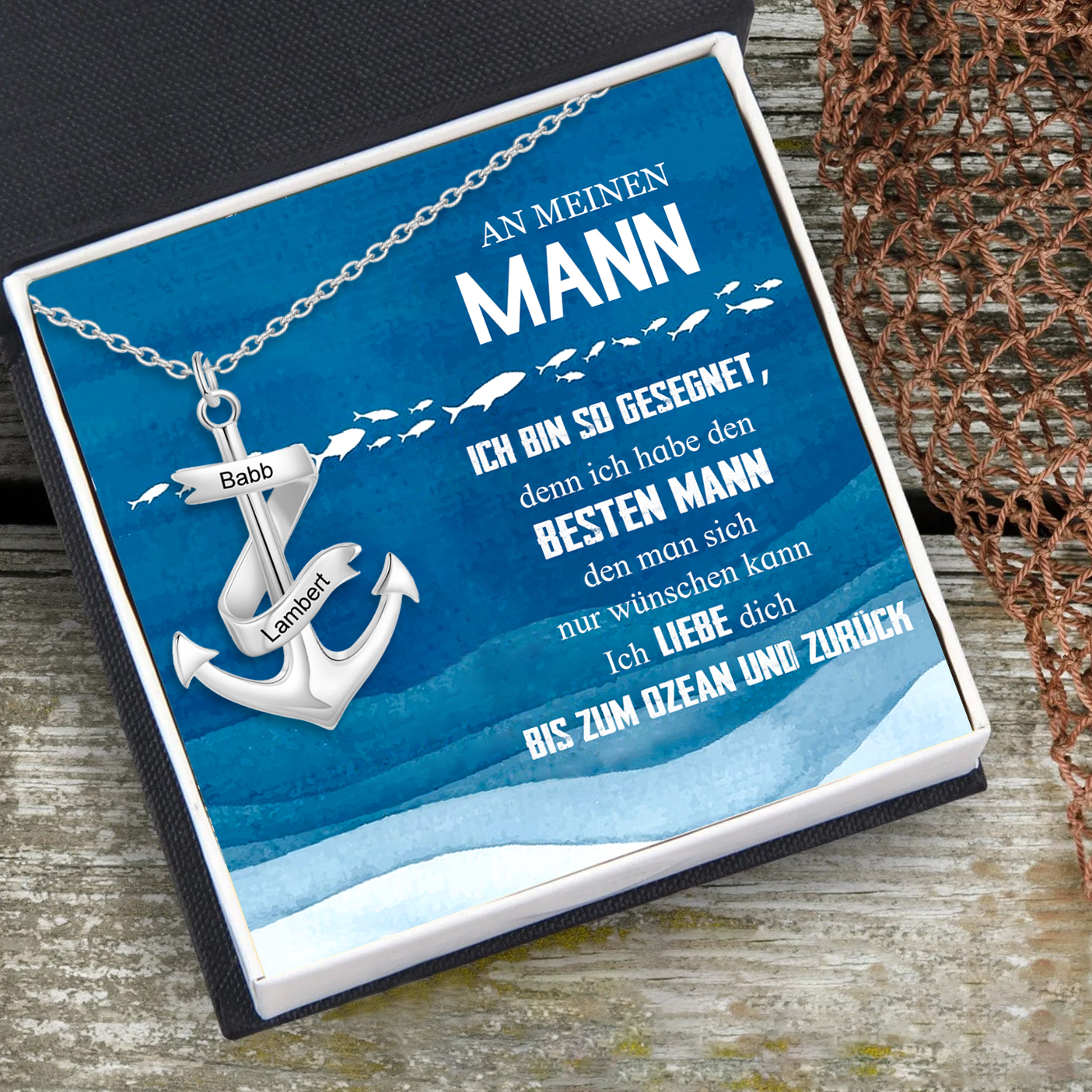 925 Sterling Silber Personalisierte 2 Namen Anker Halskette-Geschenk mit Meer Nachrichtenkarte