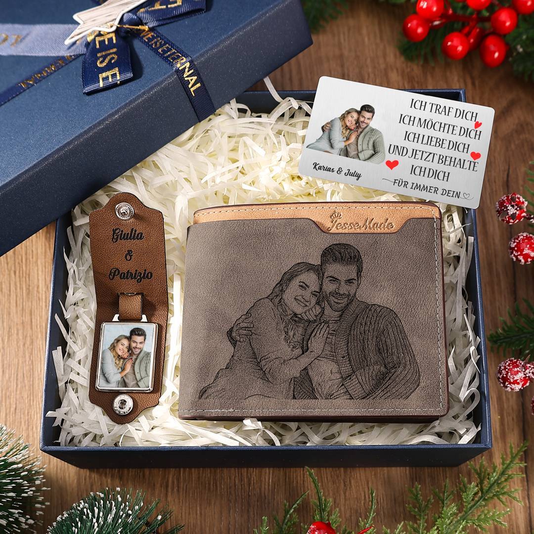 Personalisierter Name & Buchstabe & Foto Leder-Herren-Geldbörse & Foto & 2 Namen Wallet Card & Foto & 2 Texte Leder Schlüsselanhänger Geschenkbox Set