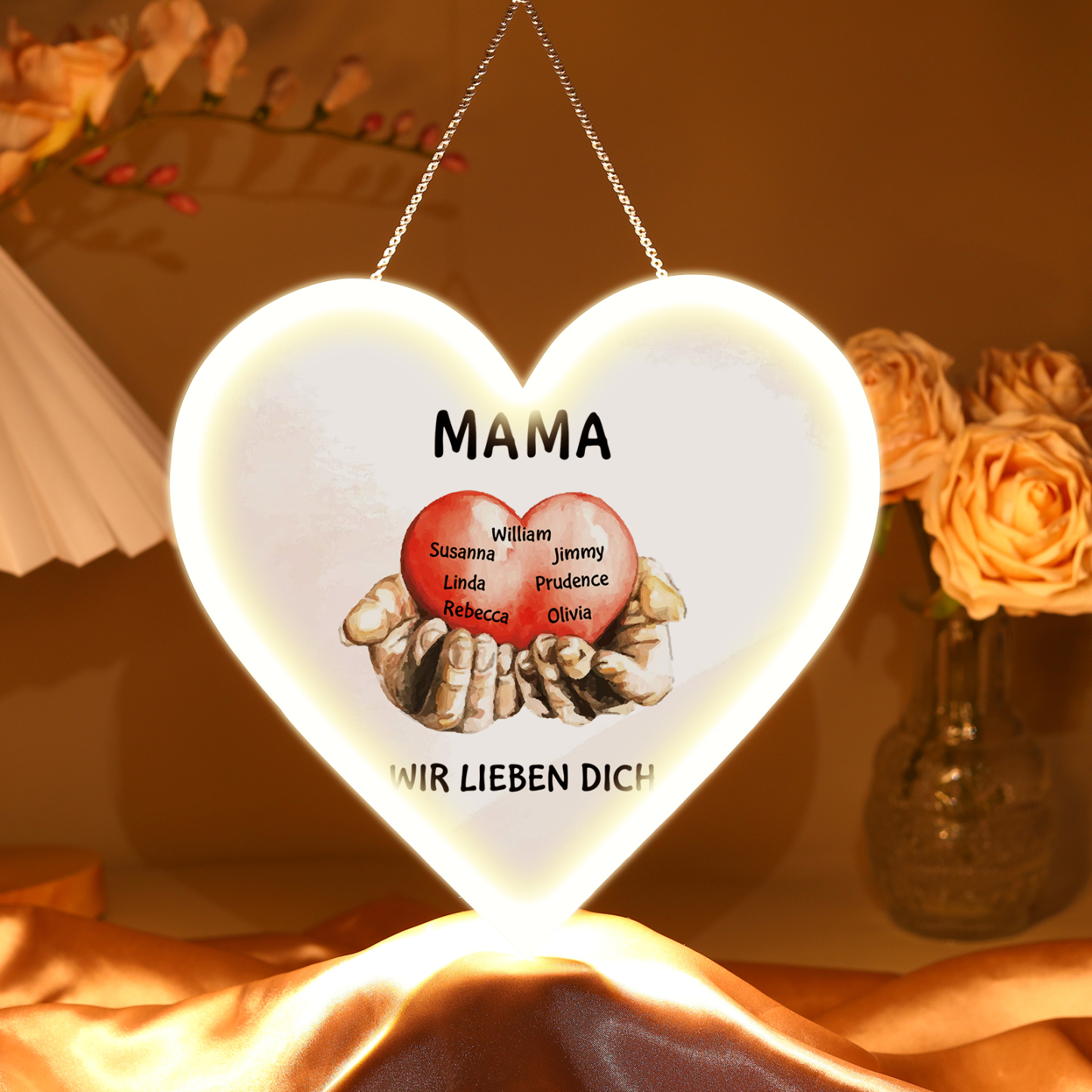 Personalisierte 7 Namen & 2 Texte Herz auf der Hand Herz Ornament Licht Acryl Hängender Wandlampe Geschenk für Mutter