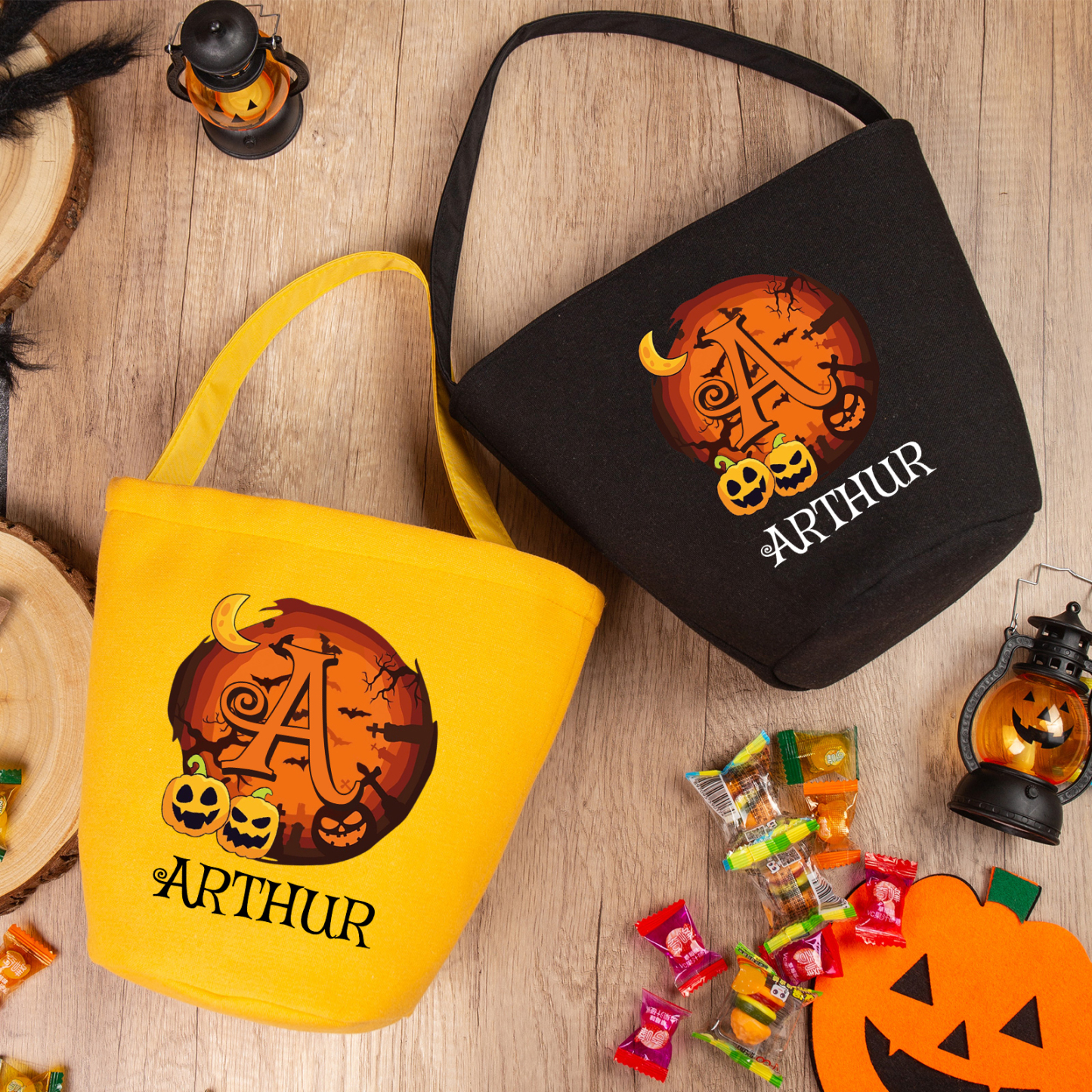 Personalisierter Name & Buchstabe Kürbis Halloween Leinen Tasche Süßes Oder Saures Süßigkeiten Tasche 