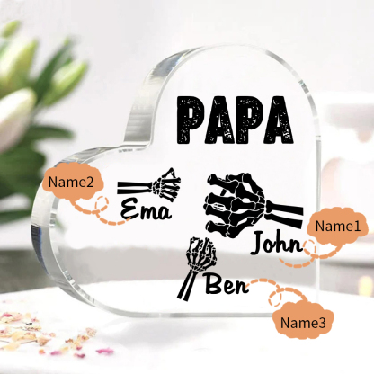 Personalisierte 3 Namen Acryl-Deko Papa Skelett Hand Schreibtischdekoration für Vater