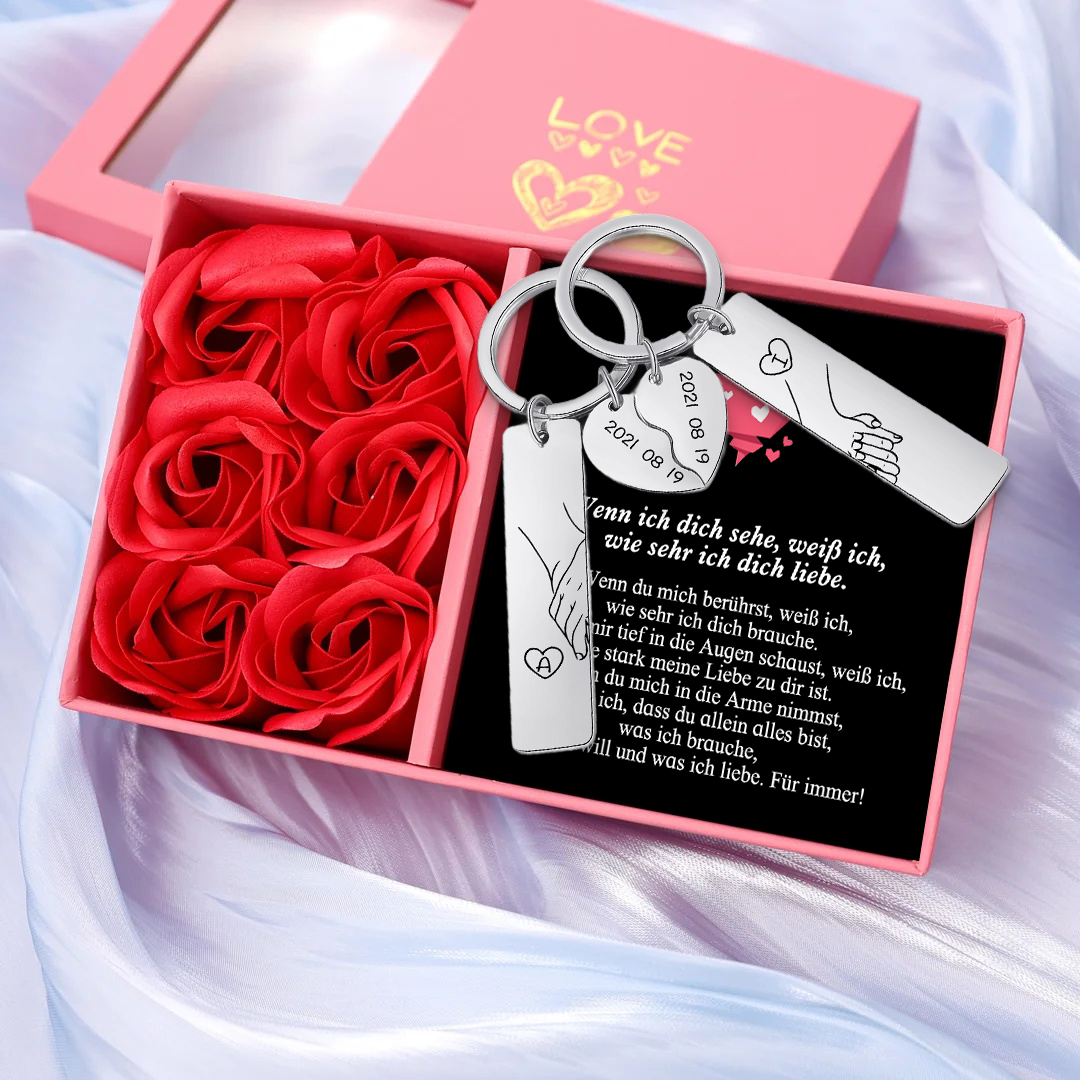 Kettenmachen Personalisierbar Datum & 2 Buchstaben Paar Schlüsselanhänger-Wenn ich dich sehe, weiß ich, wie sehr ich dich liebe-Geschenk mit Nachrichtenkarte 13.99