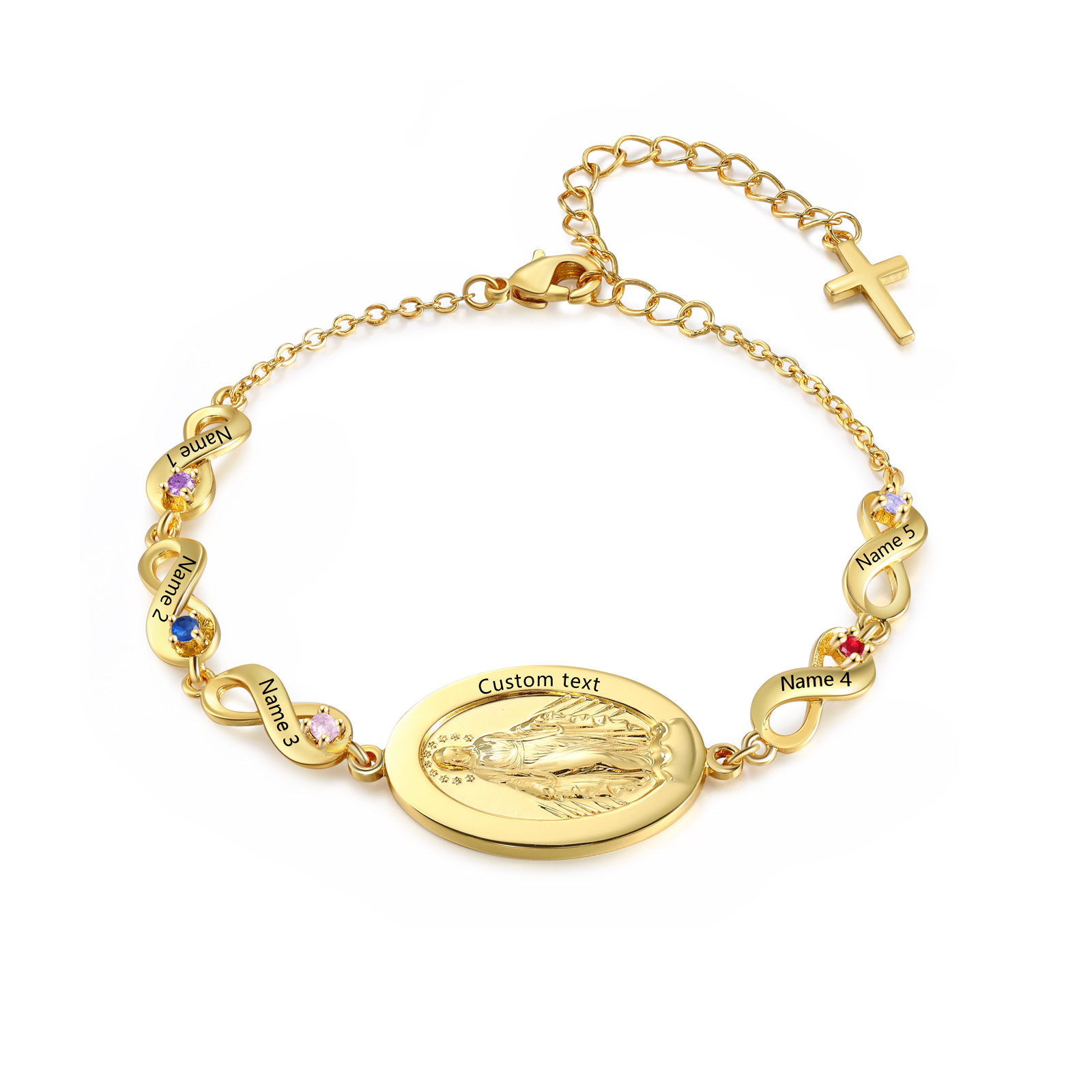 Personalisierbares Infinity-Armband aus Gold mit Marienmedaille & Geburtsstein