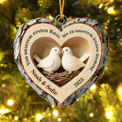 Personalisiert Rustikales Holz-Herz Weihnachtsanhänge mit Tauben und Vogelnester——“Von ersten Kuss bis latzten Atemzug”