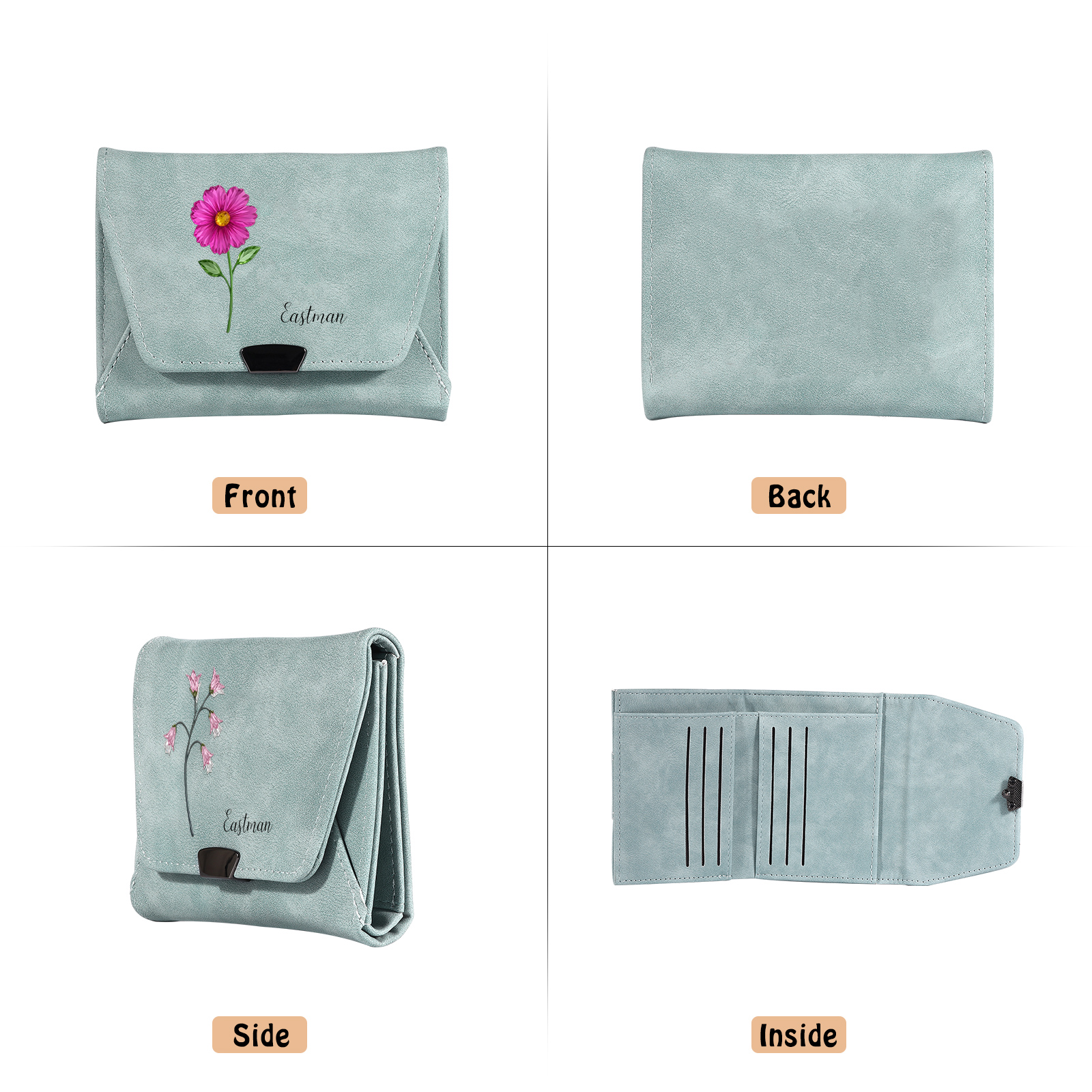 Personalisierte Damen Geldbörse aus Leder mit Geburtsblume und Namen