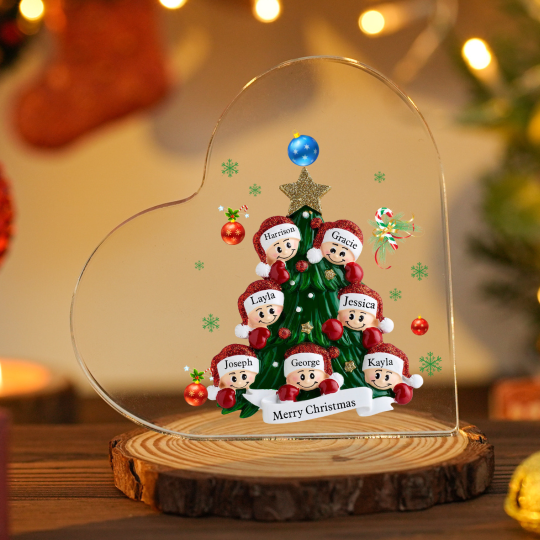 Personalisierte 2-8 Namen & Text Herz-Acryl-Deko – Weihnachtsbaum-Schreibtischdekoration für Familie