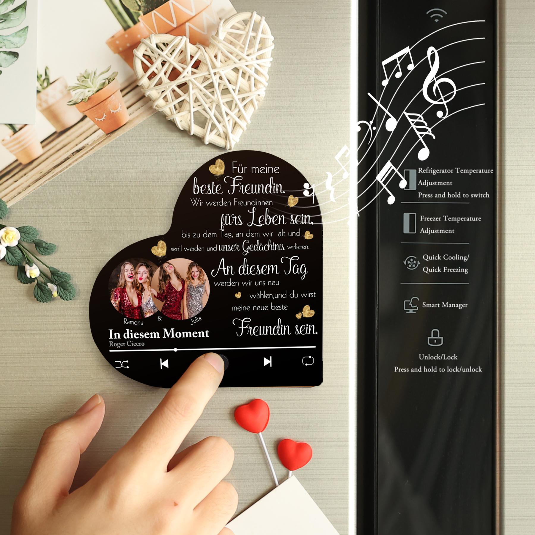 Herz Personalisiertes Lied & 2 Fotos & 2 Namen Kühlschrankmagnet mit Musikfunktion Für meine beste Freundin Freundschaft Geschenk