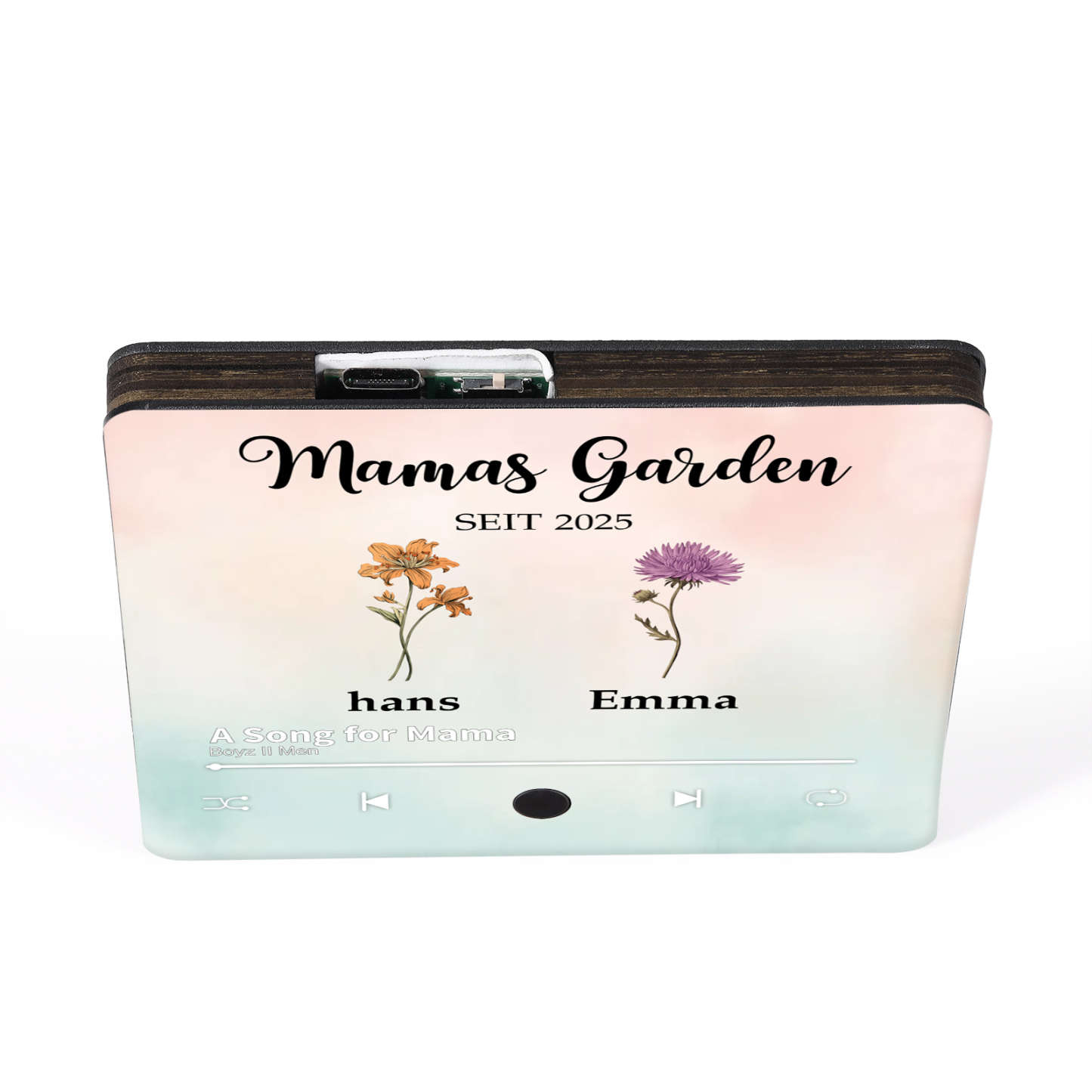 Personalisiertes Namen & Lied & Blumen farbige Acryl-Holz Kühlschrankmagnet mit Musikfunktion - Mamas Garten
