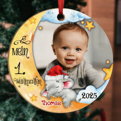 Holz Weihnachtsornament-Personalisierter 1 Name & Foto Halbmond Rund Baby Ornament- Mein 1. Weihnachten