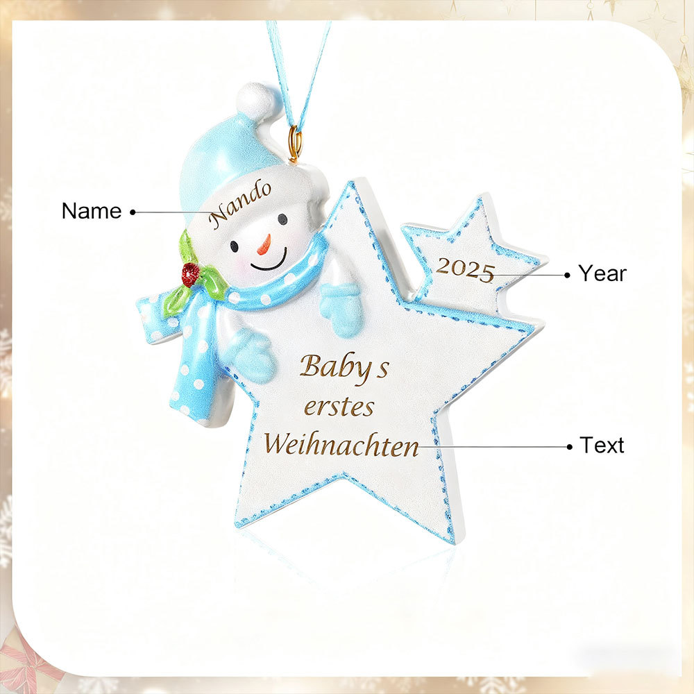 Personalisierter Stern-Weihnachtsanhänger mit Schneemannmotiv – Babys erstes Weihnachten, Christbaumschmuck