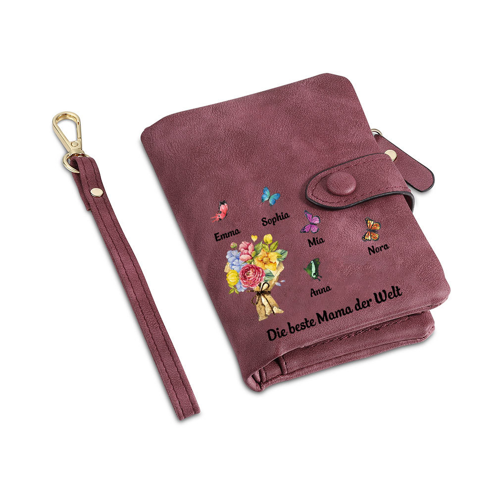 Damen Personalisierte 1-6 Namen & Text Blumen & Schmetterling PU Leder Geldbörse für Mama