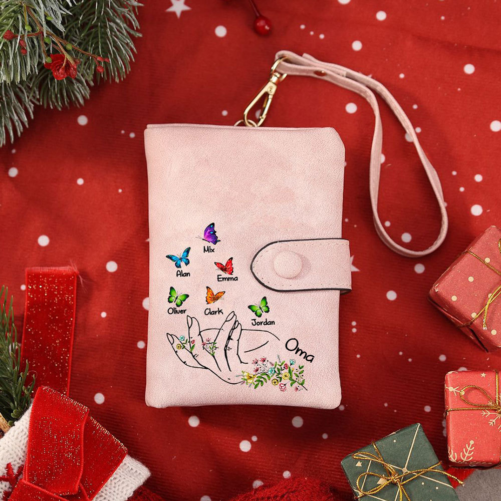 Damen Personalisierte 3-7 Namen mit Hand & Schmetterling & Blumen PU Leder Geldbörse
