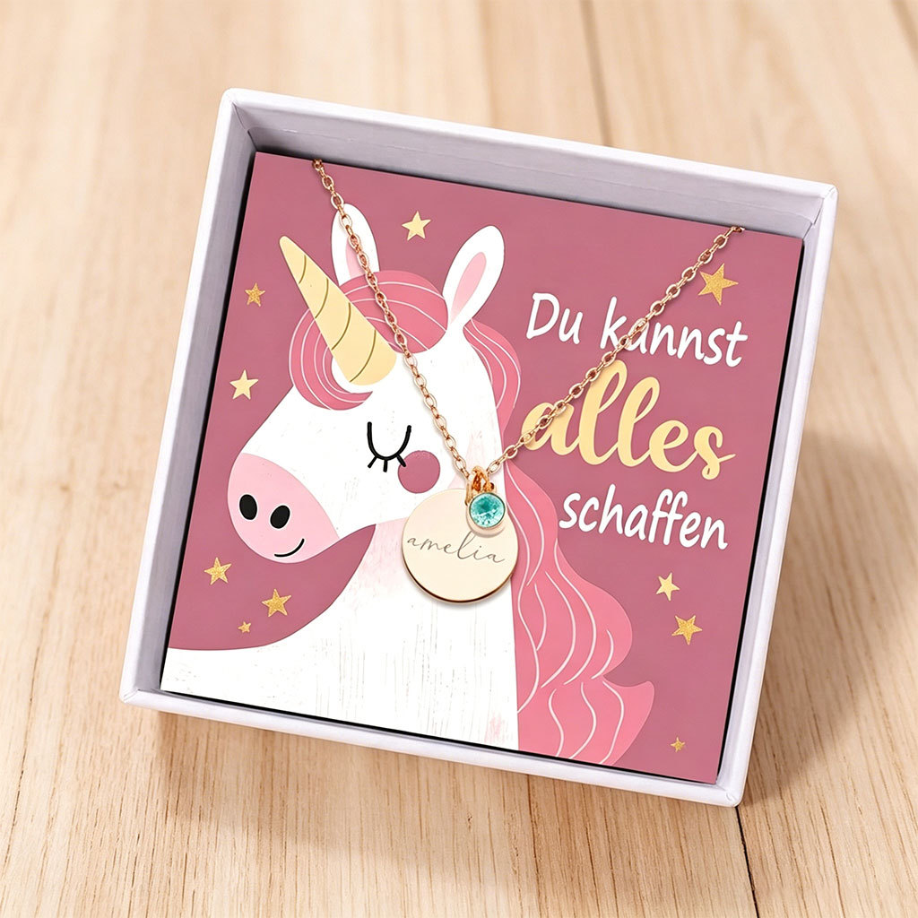 Einhorn-Halskette zur Einschulung Namensgravur mit Geburtsstein – Geschenkbox