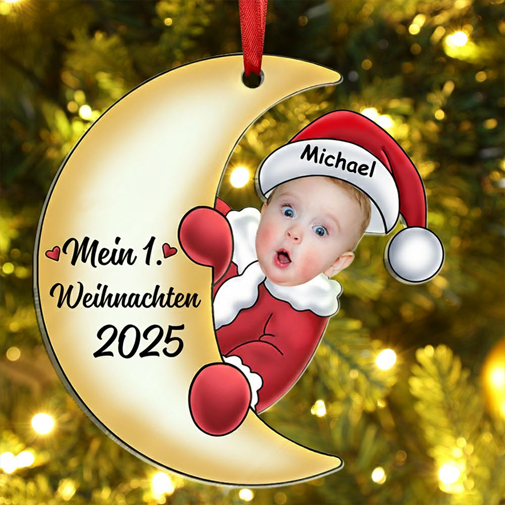 Acryl Weihnachtsornament - Personalisierter 1 Name & Foto & Jahr Baby auf dem Mond – Erster Weihnachten 2024 – Weihnachtsanhänger