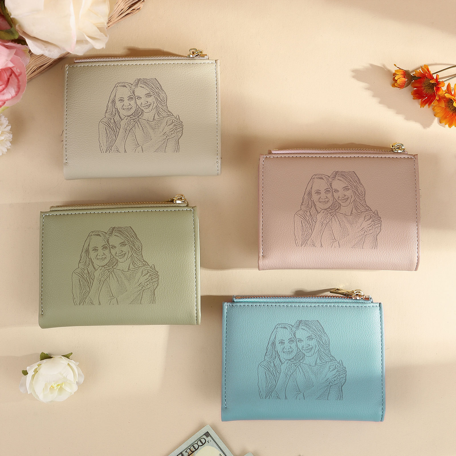 Damen Personalisierter Name & Foto PU Leder Kurze Portemonnaie Geldbörse Klappgeldbörse mit Reißverschluss